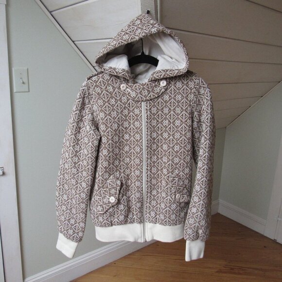STUSSY Women's Zip Up Skater Hoodie Brown Geometric Pattern Juniors Medium - Picture 1 of 14
